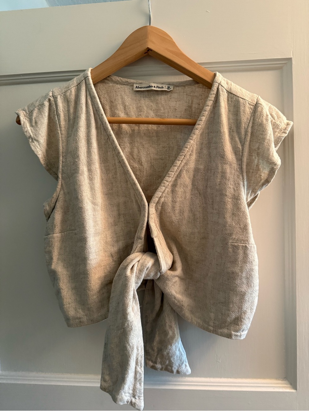 Abercrombie & Fitch Cream Tie-Front Crop Linen Top